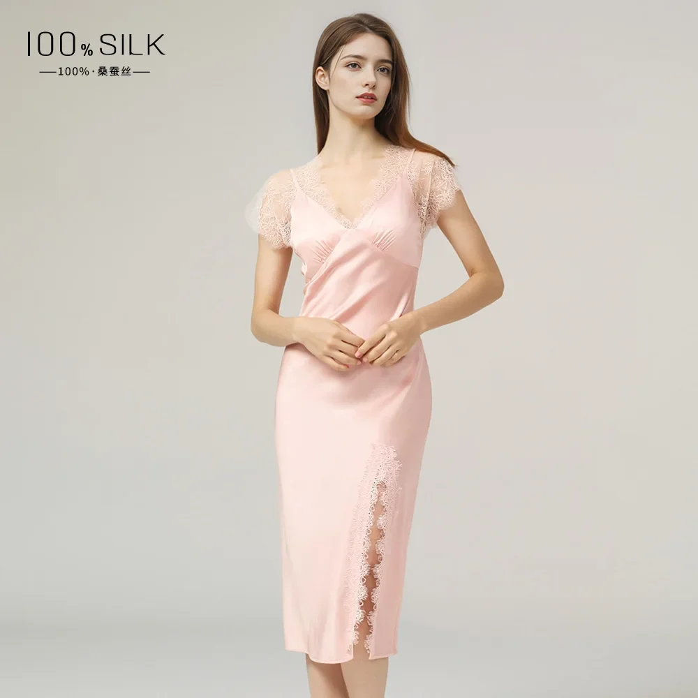 

19MM Silk Short Sleeve Lace Nightdress Slim Fit 100% Mulberry Silk Split Nightgown Sexy Sleep Dress Lingerie Sleepwear Nightie