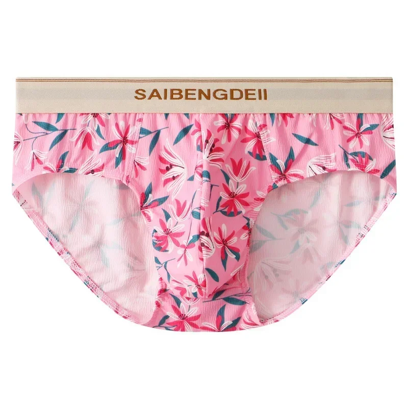 Men's Cotton Briefs Pink Floral Print Breathable Low Rise Underwear