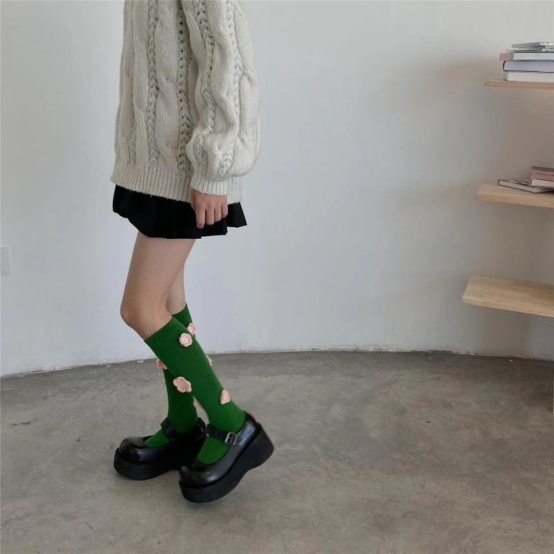 

Q22D японские женские носки в стиле Лолиты до середины икры Harajuku, милые 3D вязаные крючком носки из искусственной шерсти с