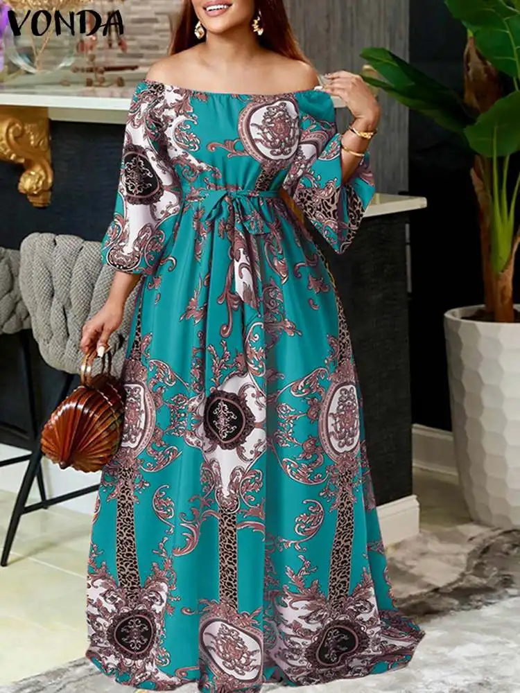 Elegant Party Dress 2024 VONDA Women Autumn Sexy Off Shoulder Long Sleeve Dress Bohemian Sundress Belted Vintage Maxi Robe Femme