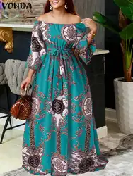 Elegant Party Dress 2024 VONDA Women Autumn Sexy Off Shoulder Long Sleeve Dress Bohemian Sundress Belted Vintage Maxi Robe Femme