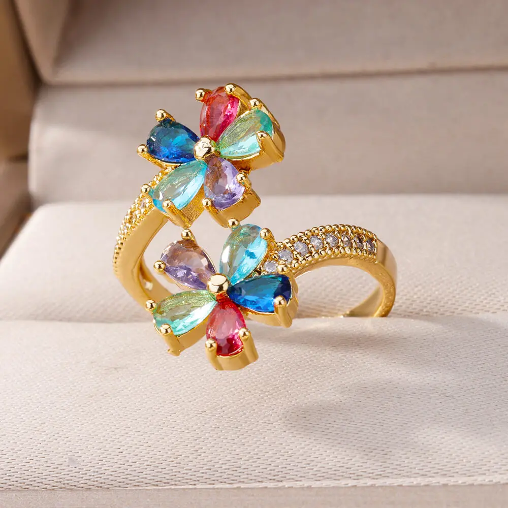 Flower Rings for Women Zircon Opening Stainless Steel Ring 2024 Trend New Wedding Engagement Jewelry Freeshipping Items anillos