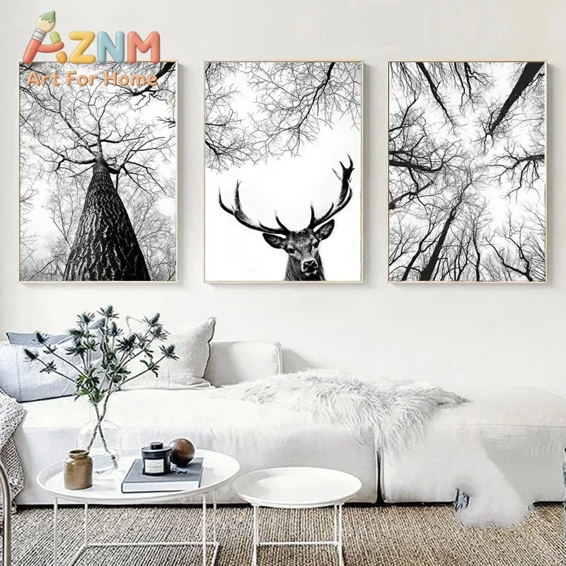 Monochrome Wild Deer Forest Tree 2D Flat, Frameless , Minimalist Nordic Decor,  Black White Wildlife Nature