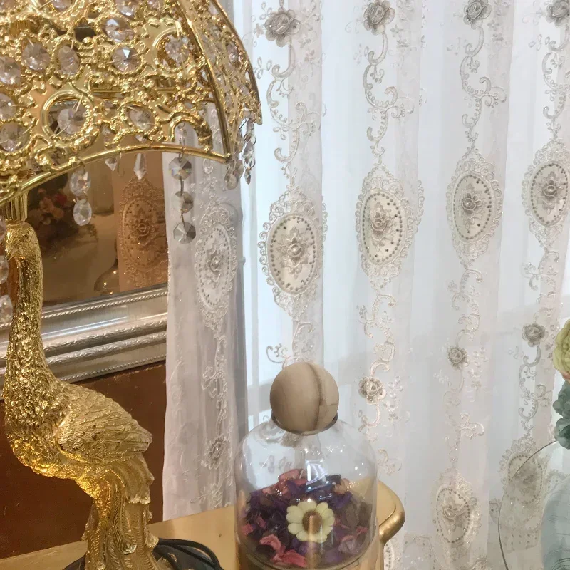 European-Style Embroidery White Tulle Curtains for Living Room Bedroom Window Balcony Bay Lace Pearl Embossed Curtains Customize