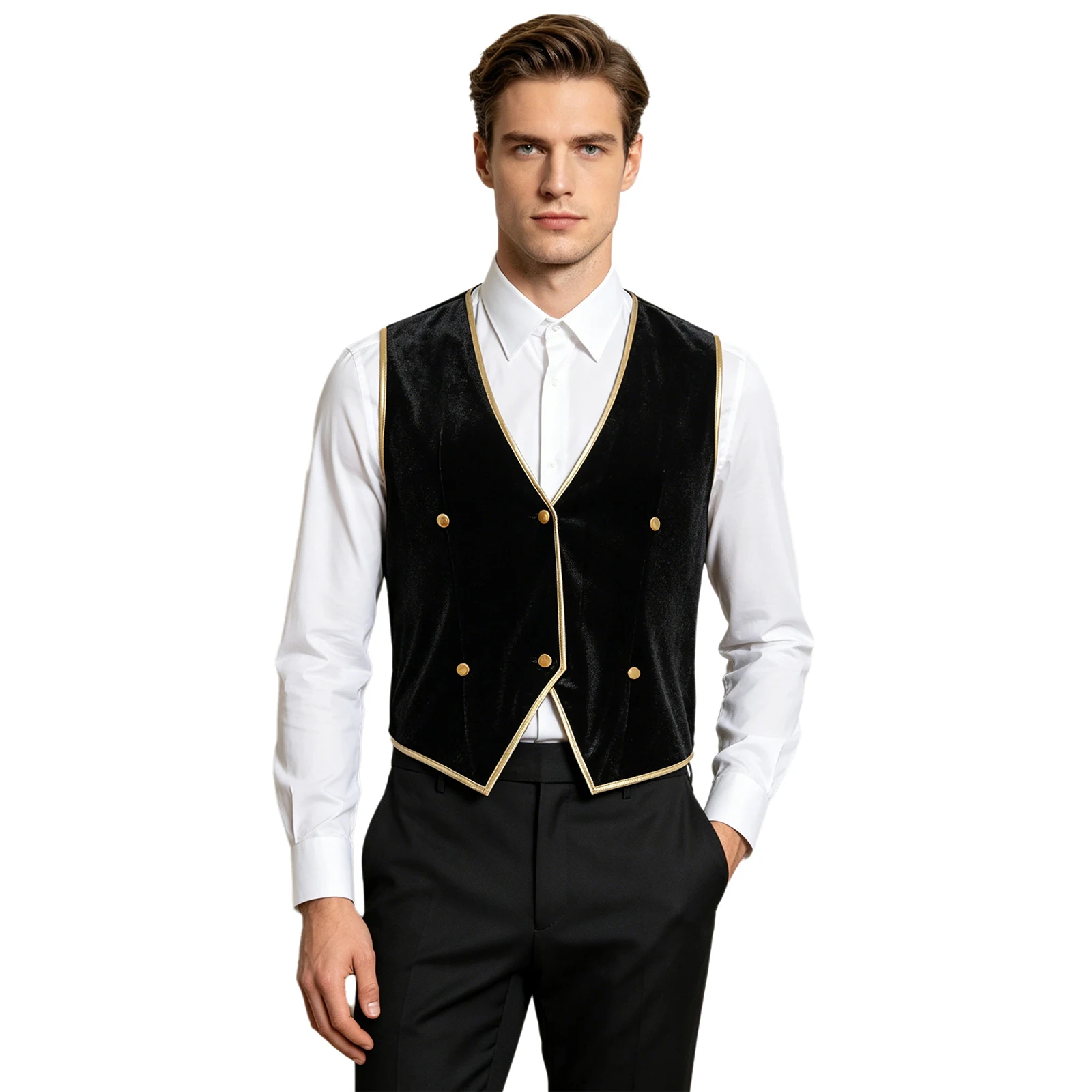 Men Retro Medieval Velvet Tailcoat Vest Metallic Shiny Trim V Neck Button Front for Halloween Renaissance Costume Cocktail Party