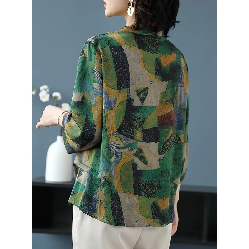 Sommer Ethnischen Stil Vintage Gedruckt Elegante Pullover Hemd Damen Lose Beiläufige 3/4 Hülse Übergroßen Alle-spiel Bluse frauen top