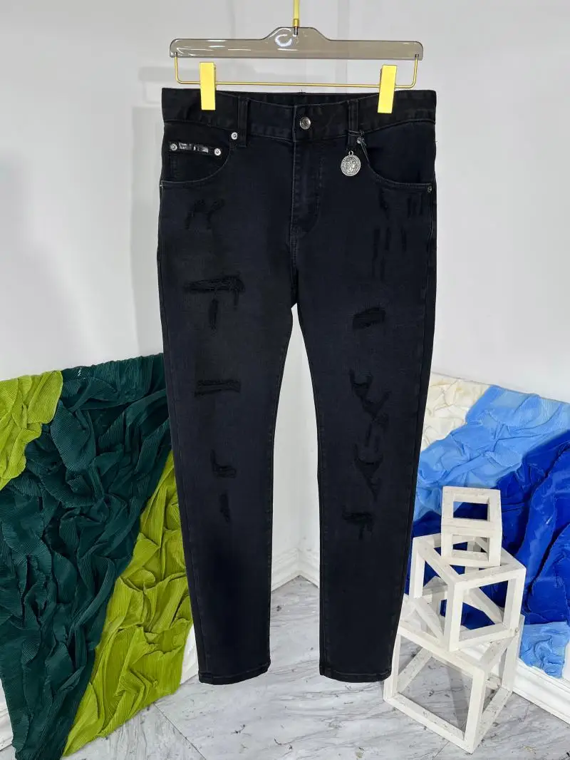 2024 Spring Korean Style Chic Men's High Quality Brand New Designer Print Ripped Jeans Denim Straight Pants C532