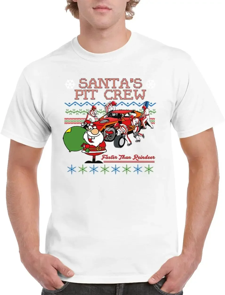 H&T Shirt T-Shirts for Men Ugly Christmas Shirts Santa's Pit Crew Faster Than Reindeer