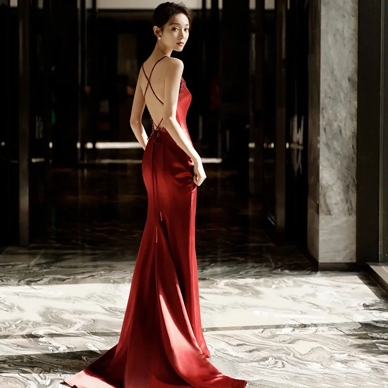 Wine Red Trailing Dress Female Temperament Debutante Gala Dinner Engagement Bridal Strap Backless Fishtail Toast