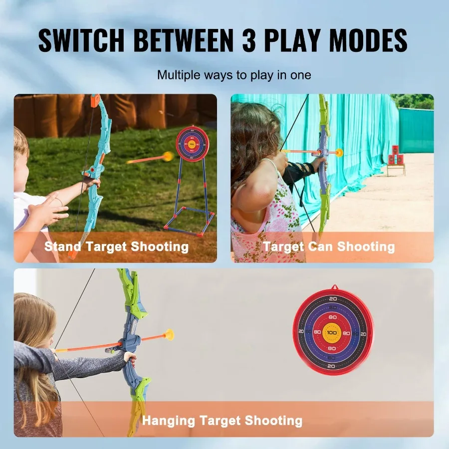 Juego de arco y flecha para paquete de 2 juegos de tiro con arco con luz LED con 20 flechas de ventosa objetivo de pie 2 cuartos y 3 latas de destino Outdo