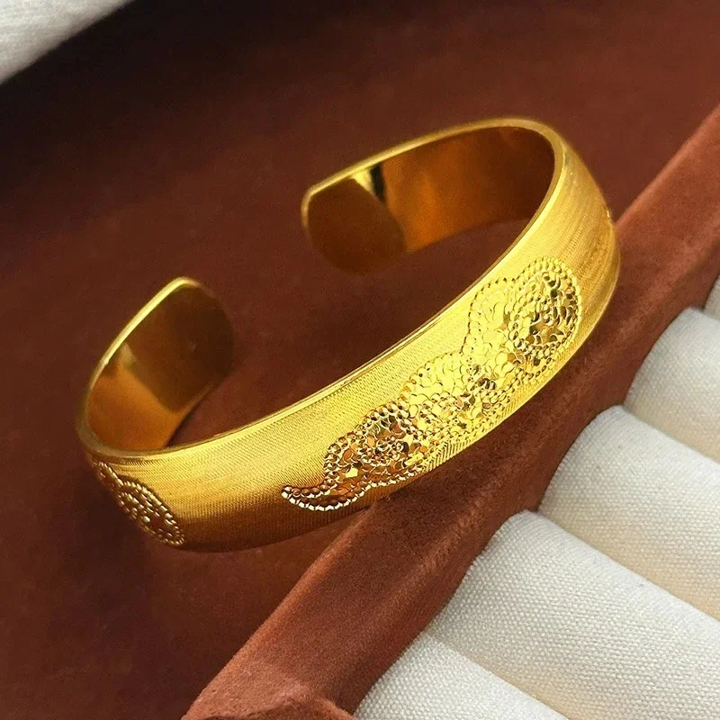 NovaGlod 9999 24K real gold light luxury rich large bracelet brushed wide face CNC crushed ice Xiangyun open female bracelet