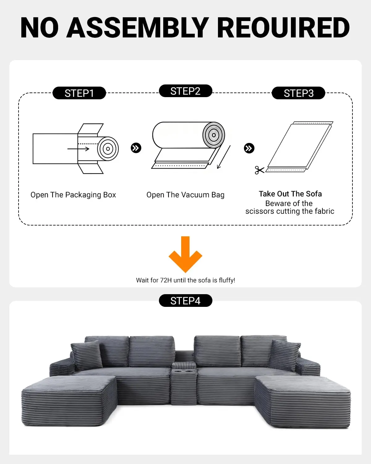 125" Oversized Modular Sectional Sofa, Deep Seat Cloud L-Shaped Corduroy Couch with Cup Holders, USB Ports &, Customized - view 6