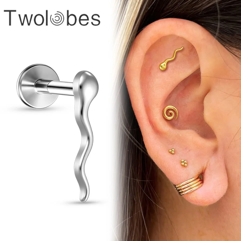 Twolobes 1PC ASTM F136 Titanium Tadpole Labret Piercing 16G 18G Internally Threaded Flat Back Stud Helix Cartilage Prank Gift
