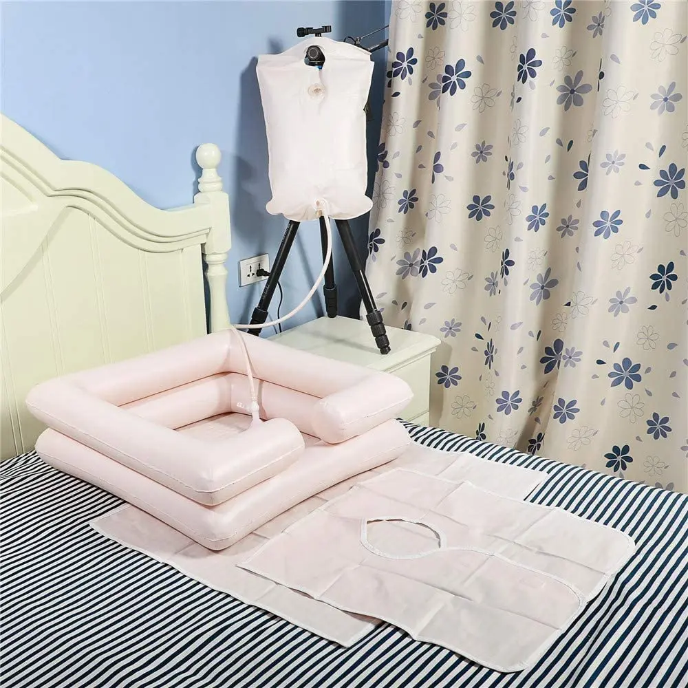 Inflatable Bedside Shampoo Set with Water Bucket and Waterproof Cape, Suitable for Children, Elderly, Pregnant Women, Post-Surgery or Bedridden Patients, for Shampooing in Bed. Bucket Capacity: 2.1 Gallons (8 Liters)