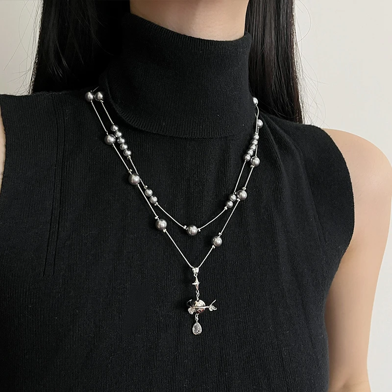 

Подвеска с жемчугом и жемчугом, ожерелье, женская цепочка для свитера, длинная многослойная цепочка на ключицу, акцент, модный корейский Sle Jew...