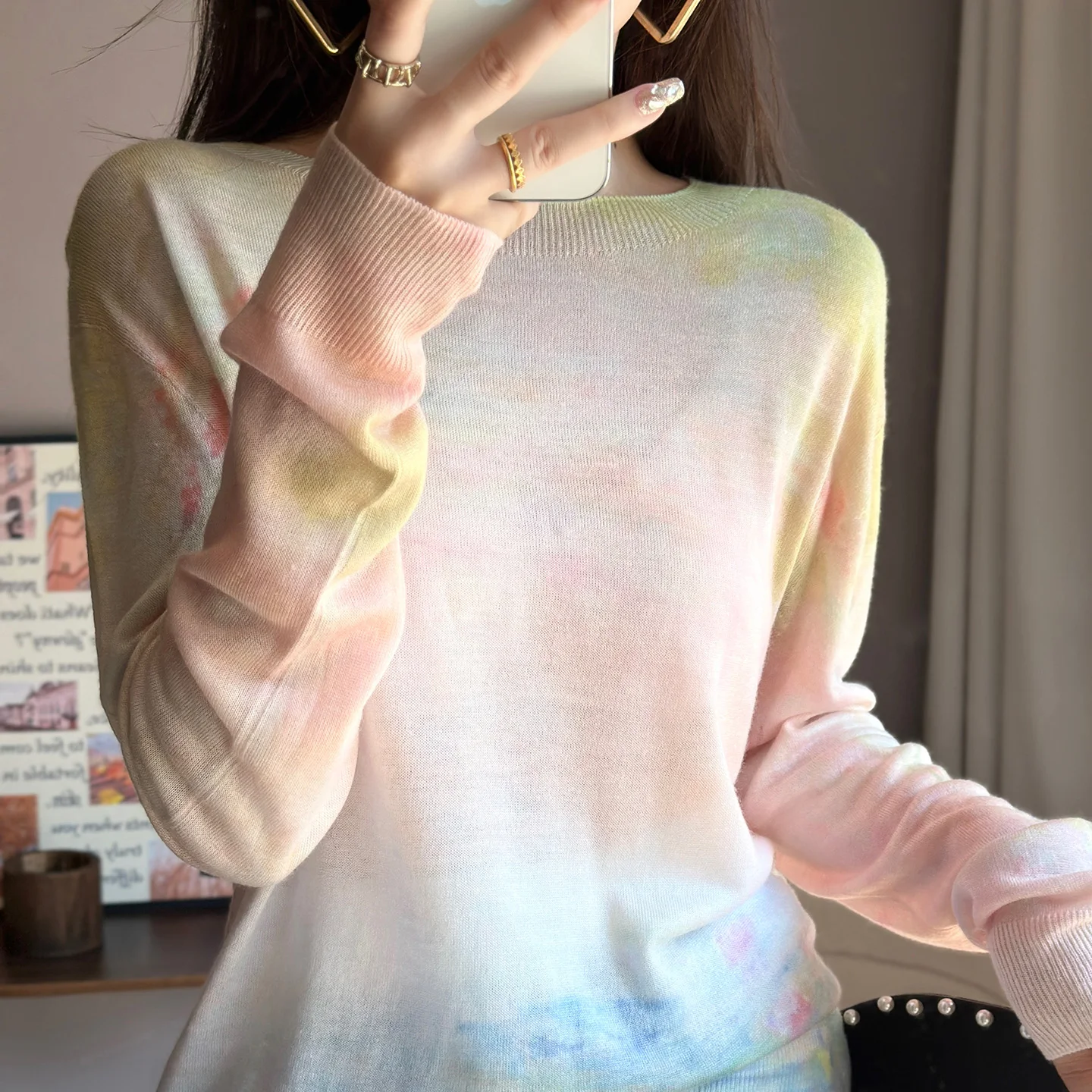 Suéter de lana Soluble en agua para mujer, Top informal de manga larga con cuello redondo y diseño de estampado de Joker, primavera y verano