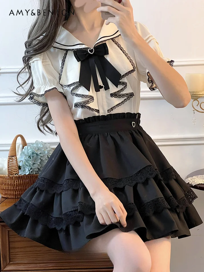 

Mine Sweet Girl Skirt Sets Summer New Preppy Style Cute Navy Collar Bow Lotus Leaf Shirt High Waist Skirt Two-piece Set Women