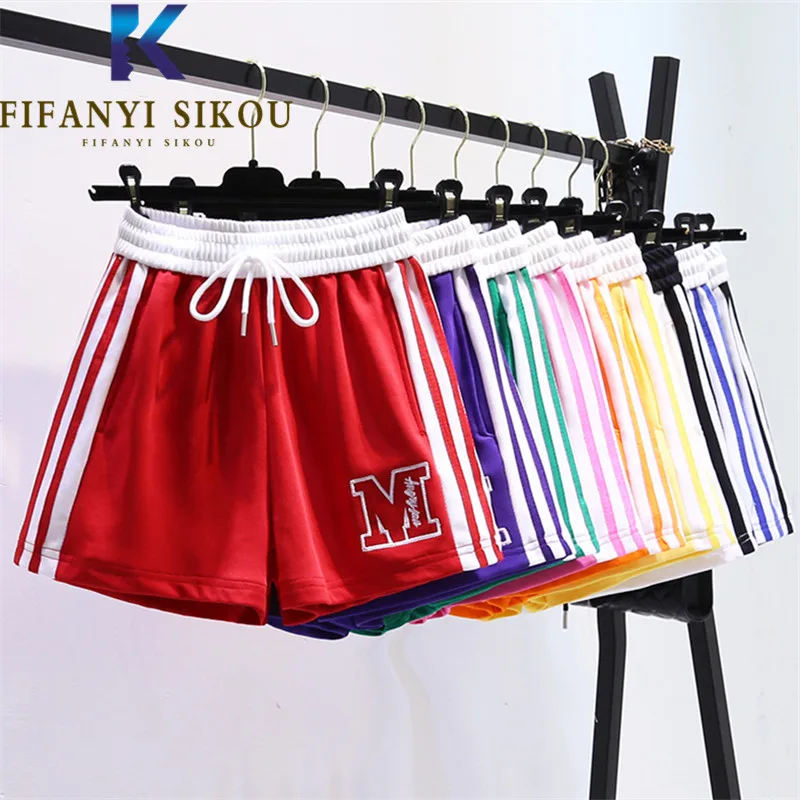 

Summer Casual Sports Shorts Women Letter Embroidery Fashion Stripe High Waist Shorts Female Elastic Loose Wide Leg Shorts