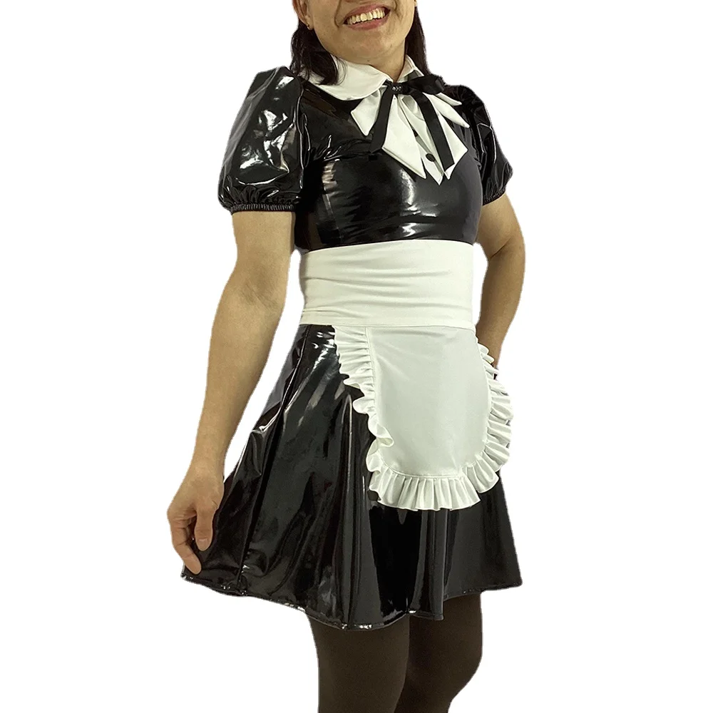 Sissy Short Puff Sleeve Maid Uniforms,Halloween Party Cosplay Costume,Vinyl PVC Leather,Turn-down Collar, A-line Maid Dress Sets