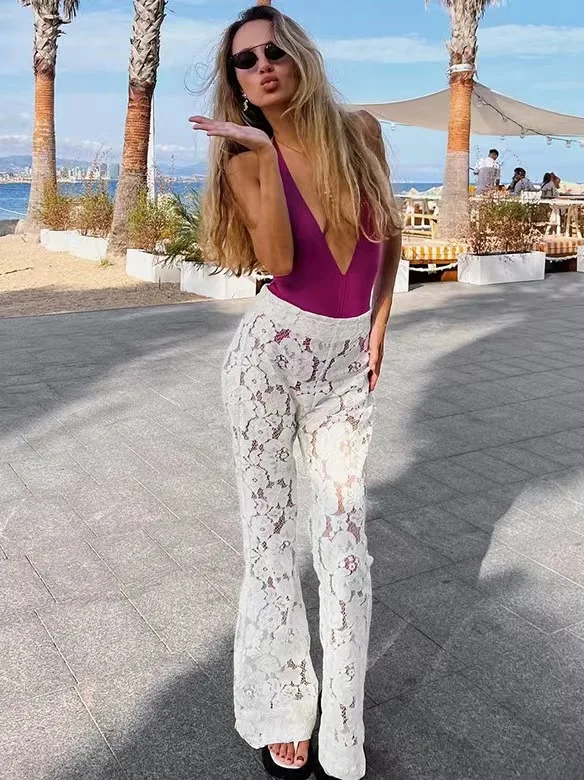 High Waist Flared Pants Jacquard Lace See-tough Commute Sle Long Trousers Women's Casual Faion Spring Collection