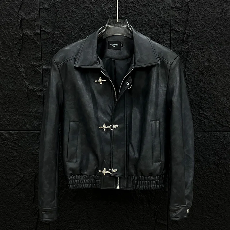 American High Street Men's Pu Leather Jacket Autumn/Winter Casual Fashion Solid Color Lapel Button Design Windproof Coat