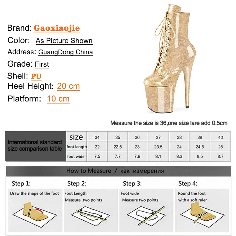 Pole Dance Shoes 20CM Shiny Crystal PU Lace-Up Modern Ankle Boots Round Toe 2023 New Platform High Heels Size 43 botas mujer