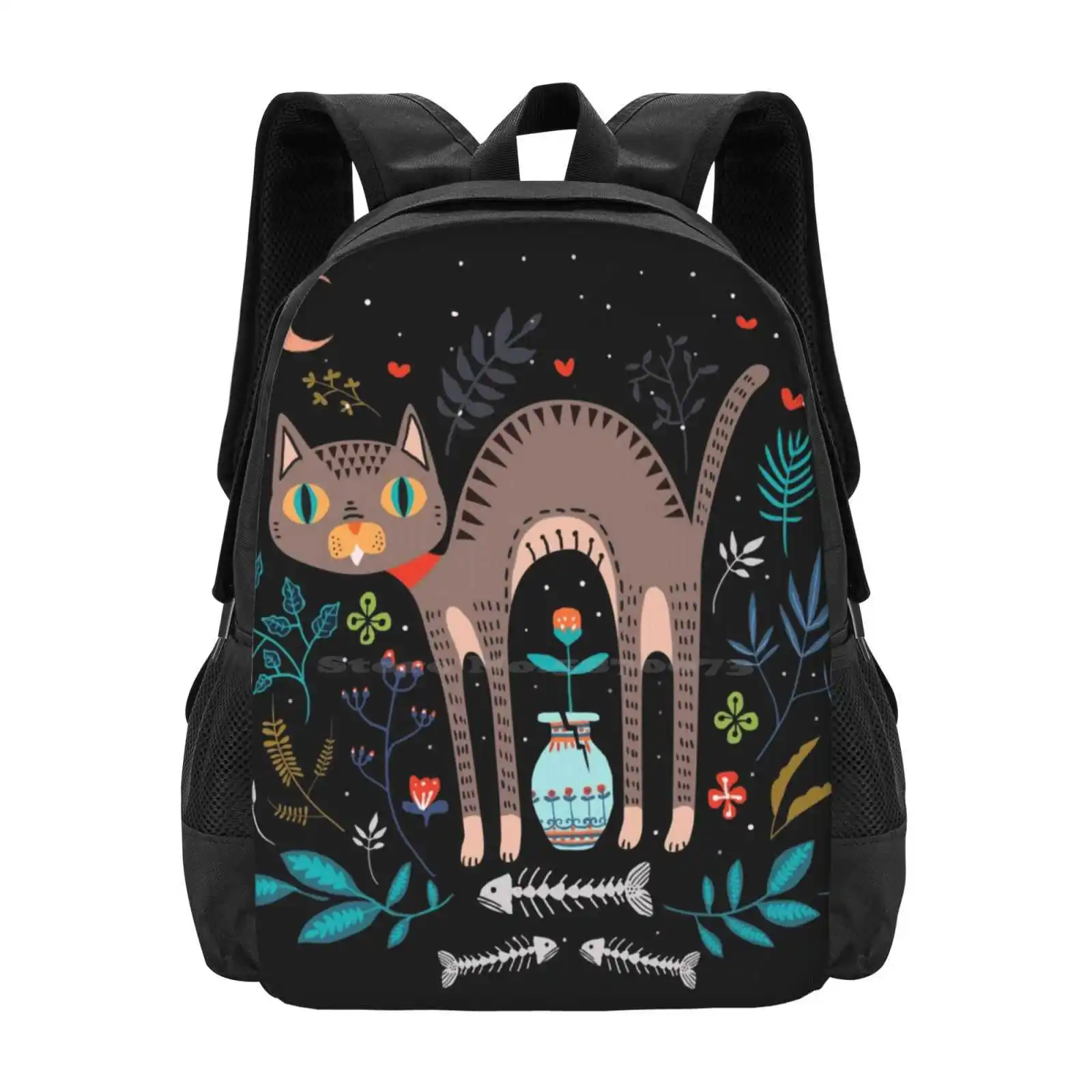 Floral And Cat At Night Backpack For Student School Laptop Travel Bag Cat Lover Black Summer Holiday Cases Birthday Pets Lover