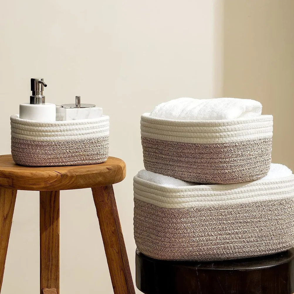 

3Pcs Woven Cotton Rope Baskets Sundries Storage Organizer Exquisite Design Practical Lid Gift Choice Cotton Rope Basket