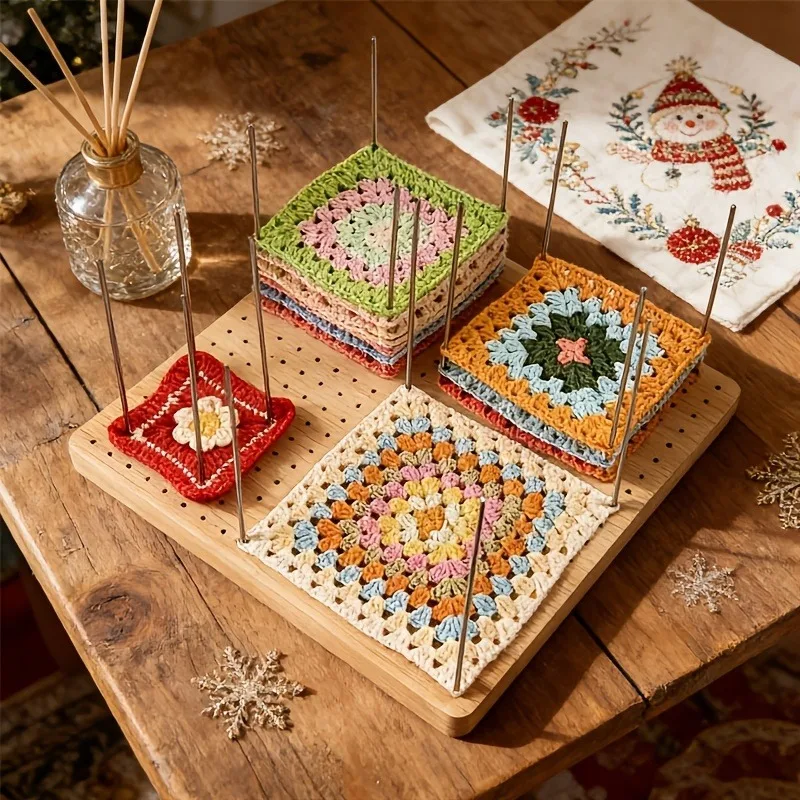 Wooden Crochet Shaping Board, Square Threading Board with Fixed Rod and Needle Pad, Precise Positioning of Yarn