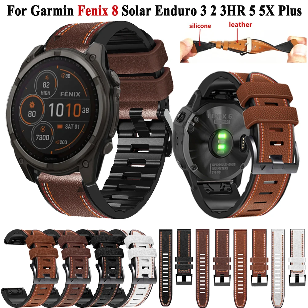 22 26MM Leather Silicone Watch Band Straps For Garmin Fenix 8 Solar Fenix E 7X 7 6X 6 Pro 5X 5 Enduro 3 Easyfit Wristband Correa