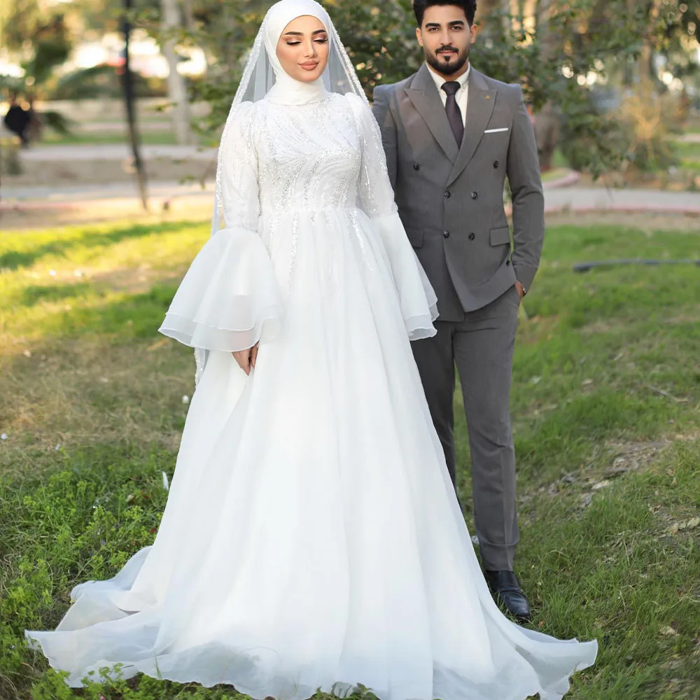 Muslim Wedding Dresses High Neck Long Flare Sleeve A Line Bride Dress Appliques Chiffon Bridal Gown Robe De Mariée Customized
