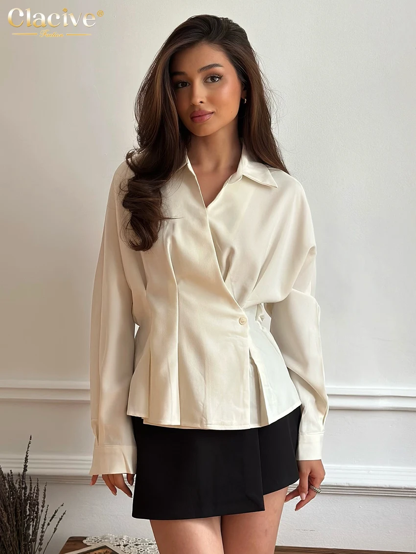 Clacive Mode Lose Schwarz frauen Hemd 2026 Casual Revers Langarm Shirts Elegante Klassische Plissee Solide Top Weibliche Kleidung