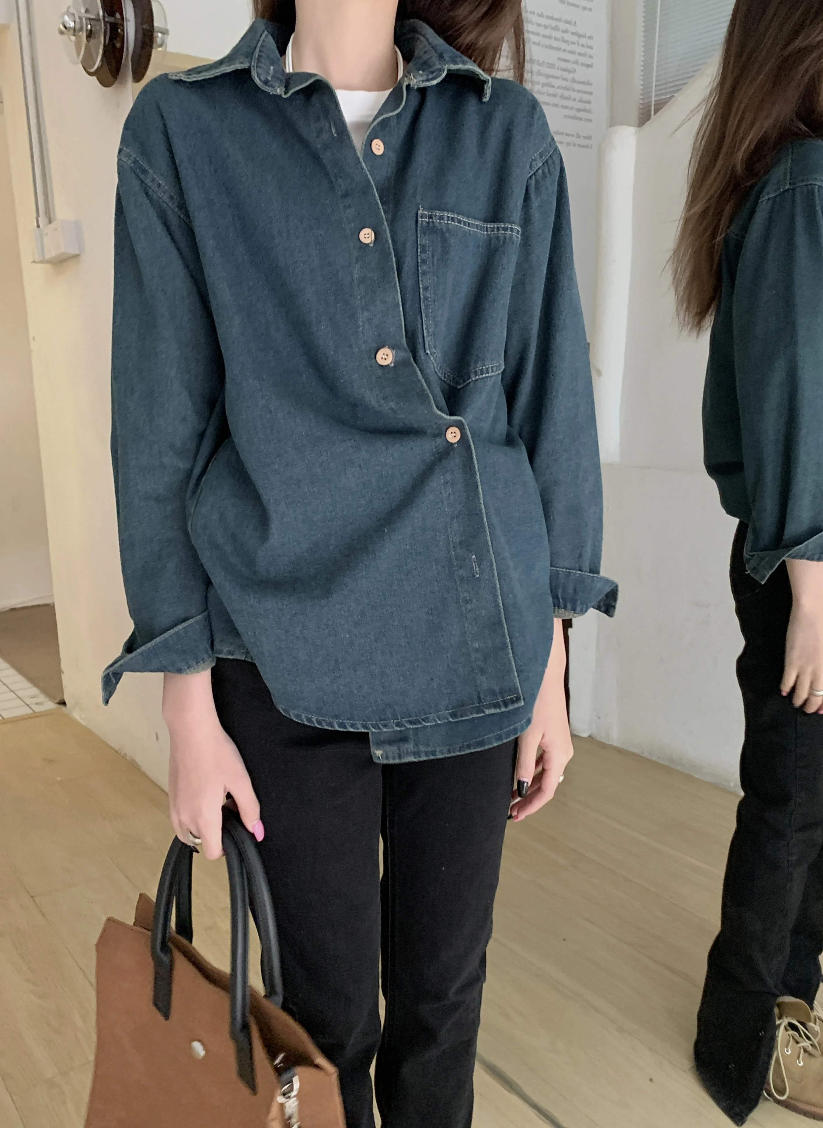 

Simple Fashion Korean Button Vintage Blue Denim Women Casual Long Sleeve Shirt Tops Z146