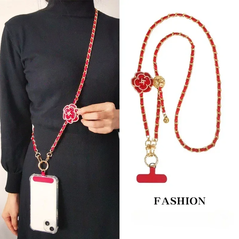 Adjustable  Round Ball CrossbodyTelescopic Buckle Camellia Lanyard Mobile Phone Lanyard Pickup Chain Neck Bag Metal Chain Mobile