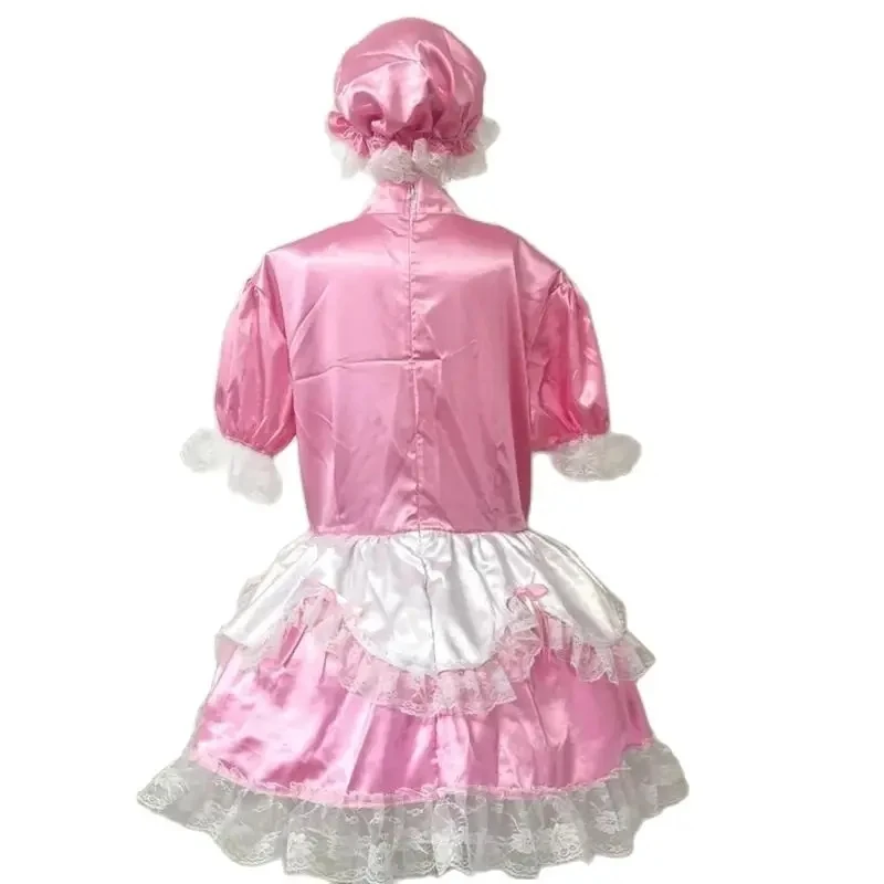 Pink Cute and Girlish Hat with Lace Cuffs White Pleated Lace Apron with Satin Bow Short Sleeved Role-playing Dress