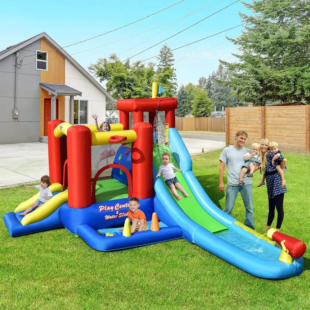 Waterbounce House, 9-in-1 gigantisch iatable waterpark voor buiten met ballenbak, splashpool, klimmuur, opblaaswater