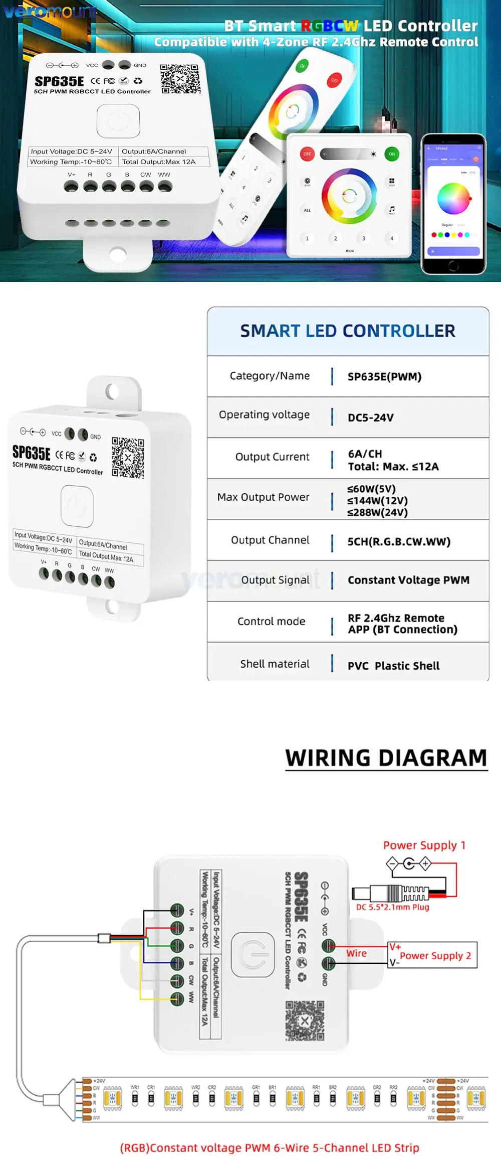 SP631E SP632E SP635E PWM kontroler LED 2.4G dla DIM CCT RGB RGBW RGBCCT BT muzyka aplikacja głosowa 5050 FCOB LED listwa oświetleniowa DC5V-24V