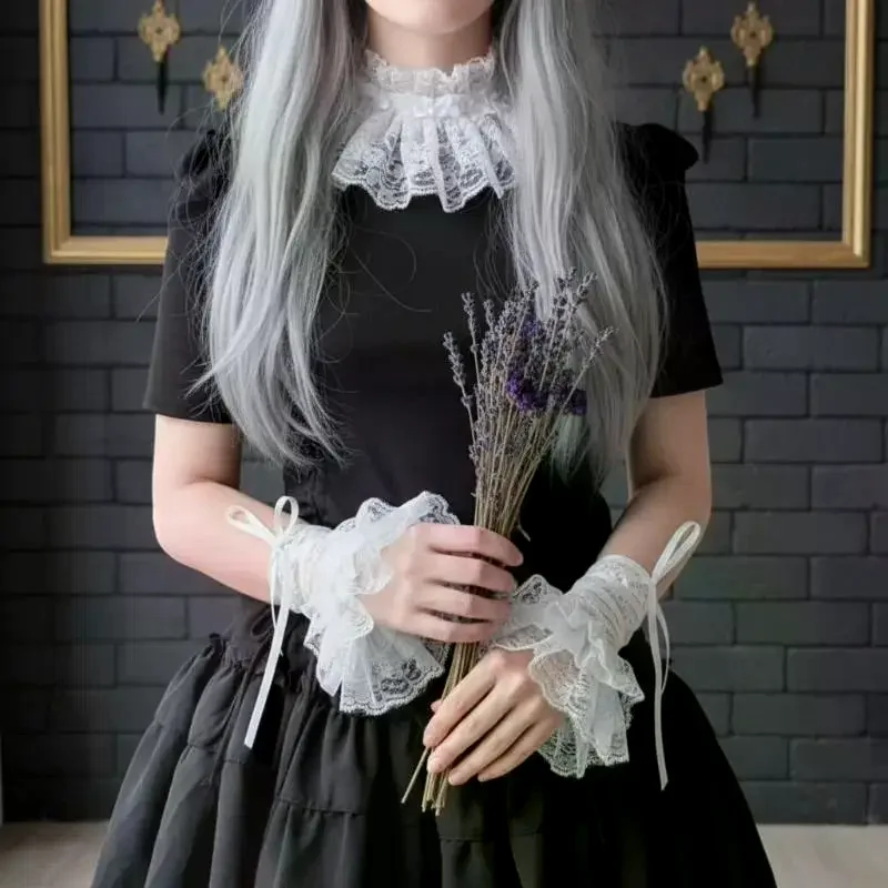 1 Pair JK Lolita Lace Wrist Cuffs Silk Ribbon Y2K Black White Ruffles Gloves For Girls Cosplay Props