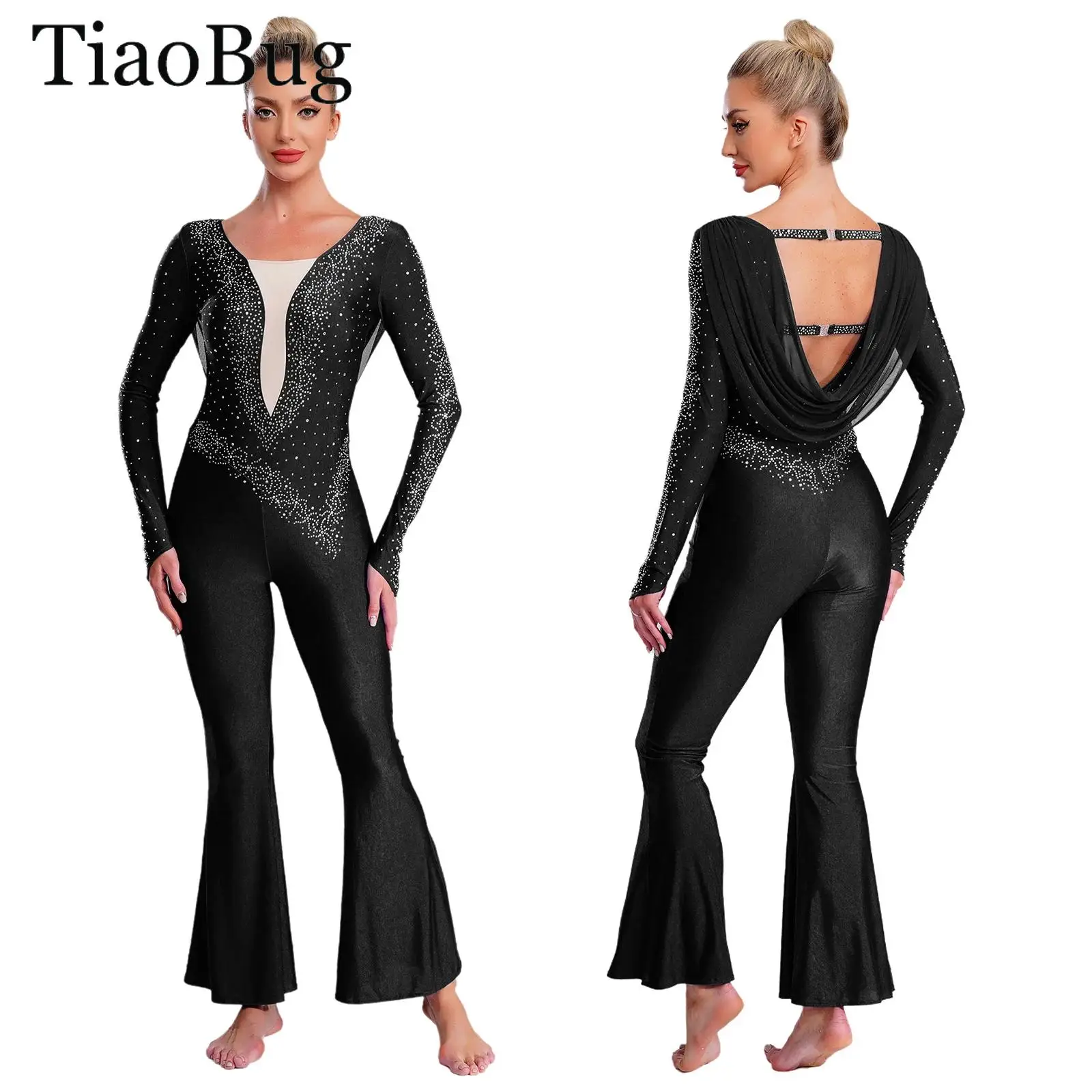 

Women Ballet Dance Gymnastics Leotards Long Sleeve Mesh Rhinestone Bell Bottom Jumpsuit Figure Skating Acrobatics Performance