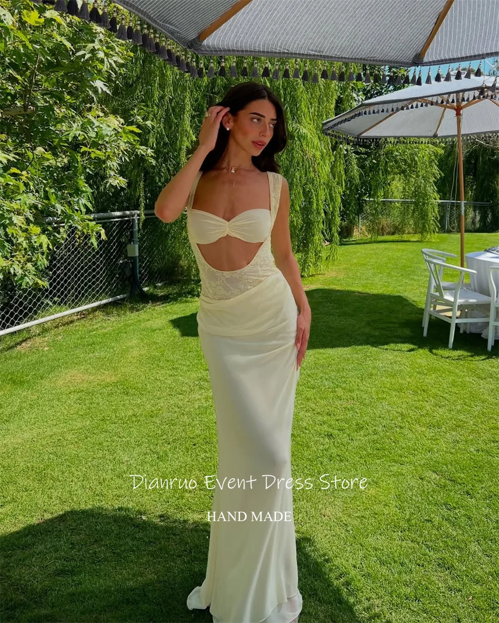 Dianruo エレガントマーメイド背中の開いたイブニングドレスシフォンロングパーティードレススパゲッティストラップカットアウトウエディングドレス女性のためのカスタマイズ