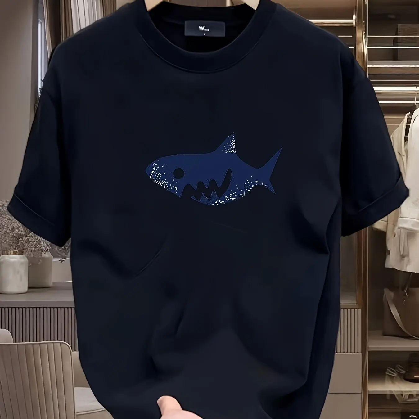Everyday Comfortable Men Summer Casual Graphic Tee Cotton Fit Short Sleeve Round Neck Shark Print White Men Clothing