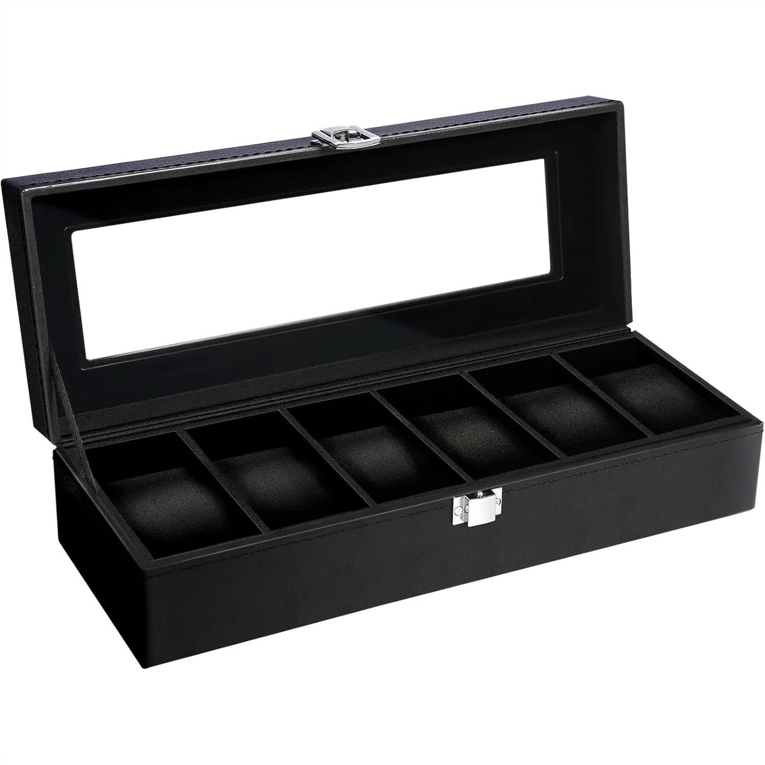

6 Slot Watch Box with Glass Lid, Soft Velvet Lining for Men Women