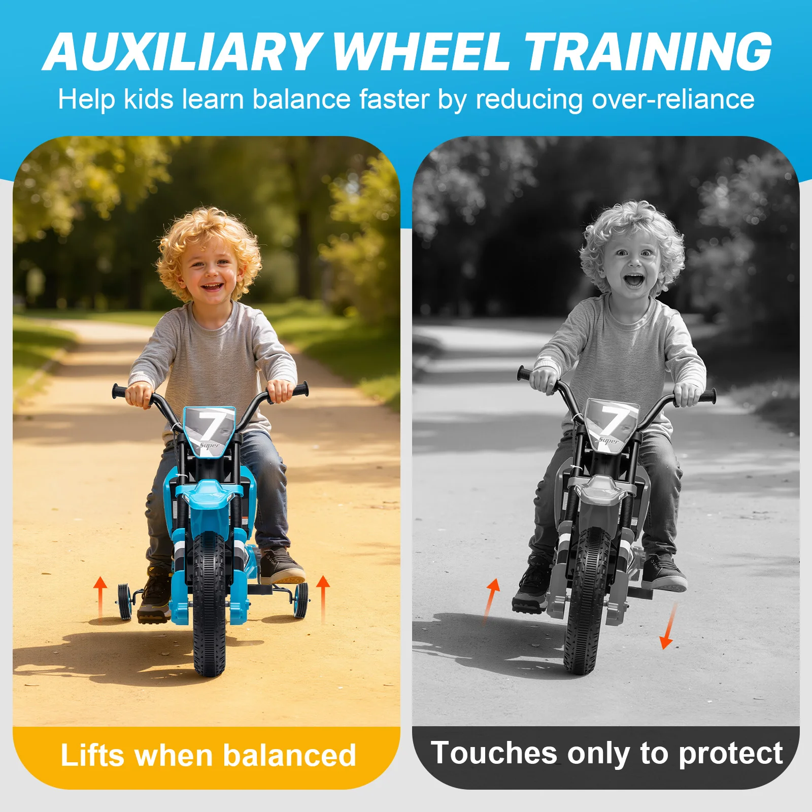 12v crianças motocicleta elétrica bicicleta da sujeira para crianças, passeio a bateria no carro de brinquedo para o presente das crianças, com rodas auxiliares de segurança