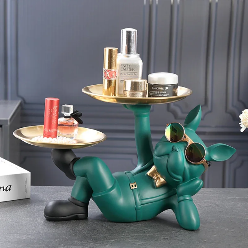 Resin Décor Dog Statue Butler with Tray for Storage Table Live Room French Bulldog Ornaments Decorative Sculpture Craft Gift