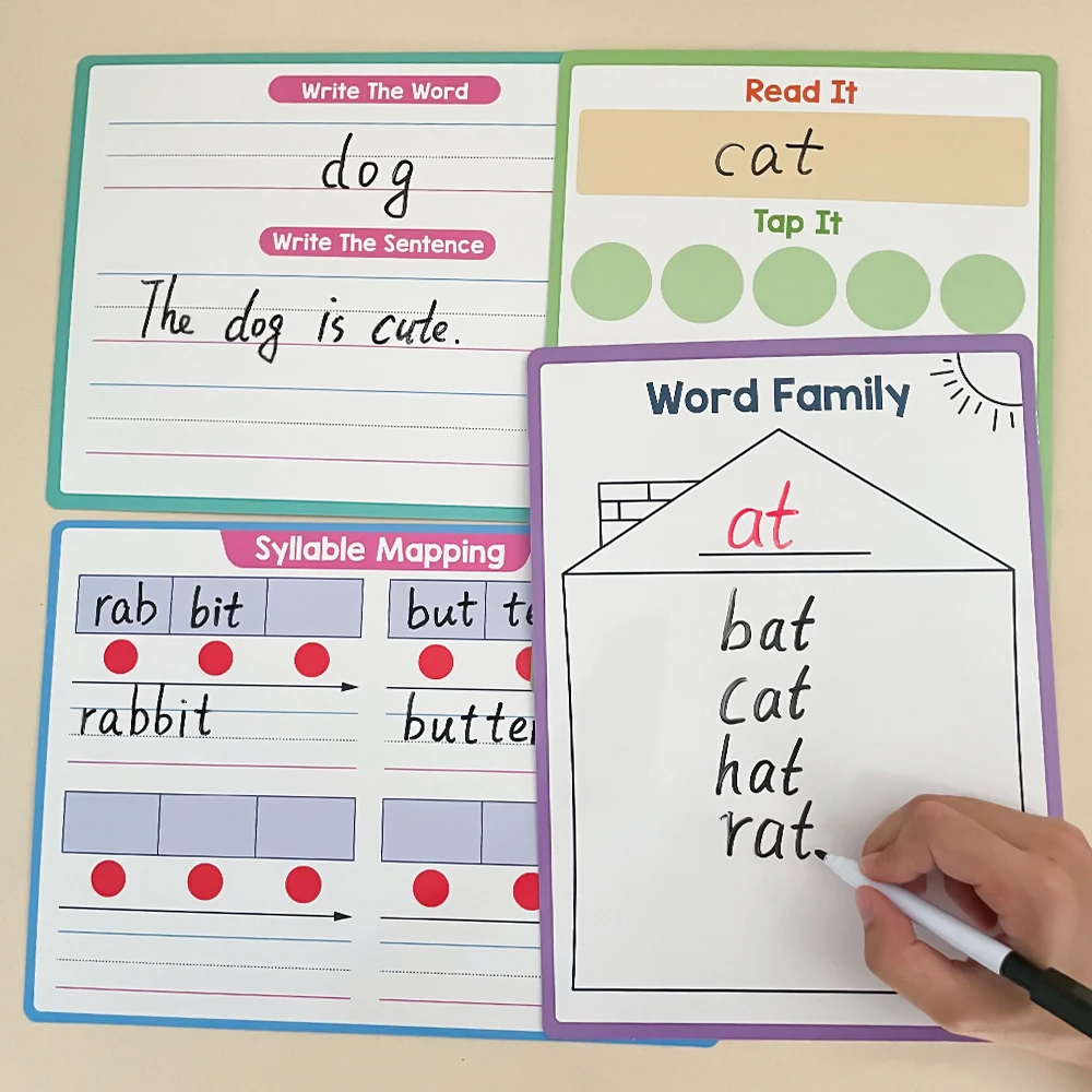 Tablero de borrado en seco de concientización fonémica de doble cara, juego de fonética de sílabas, material didáctico de inglés, materiales de terapia del habla Montessori