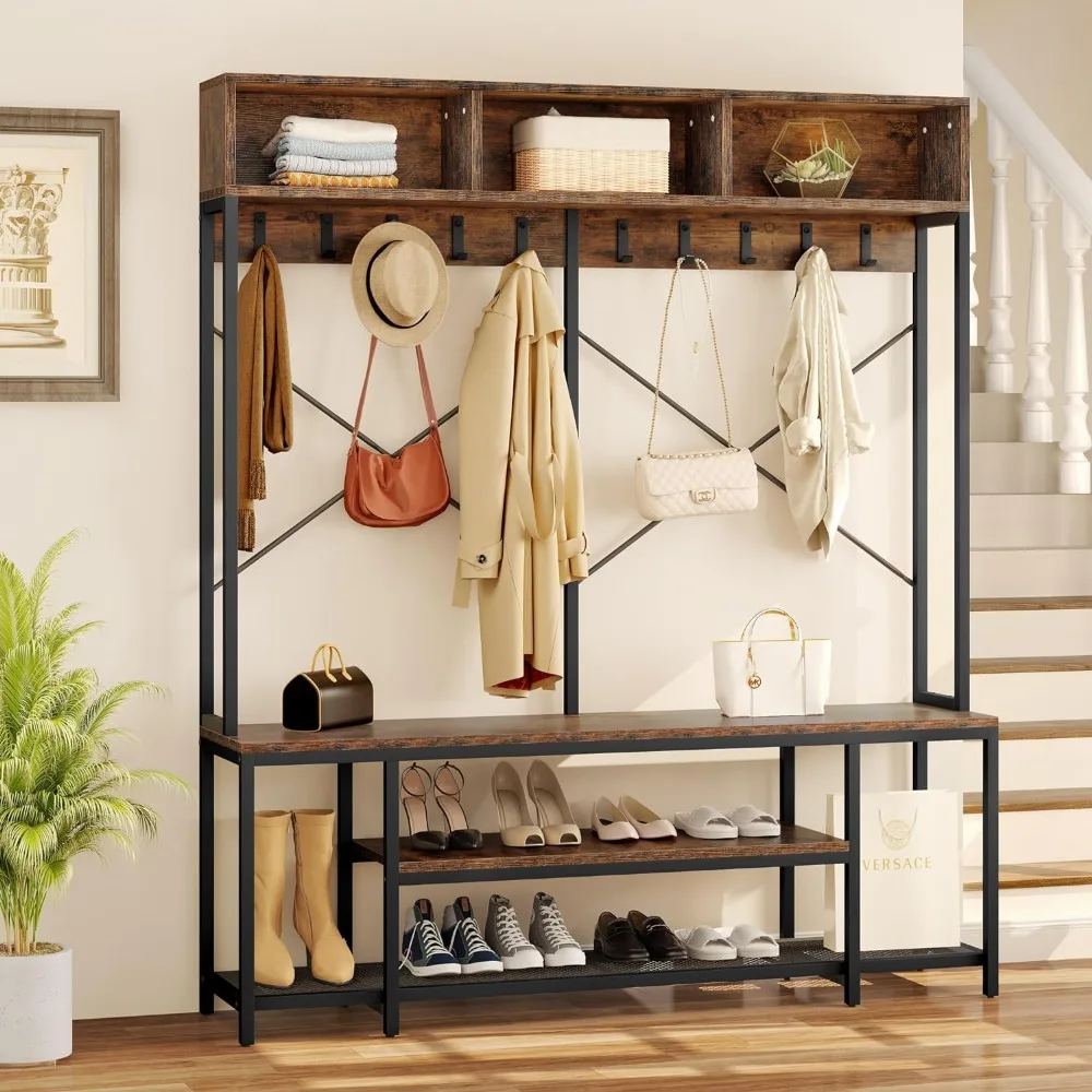 

Entryway Bench with Coat Rack, 5-in-1 Hall Tree with Shoes Storage, Industrial Freestanding Coat Rack Shoe Bench