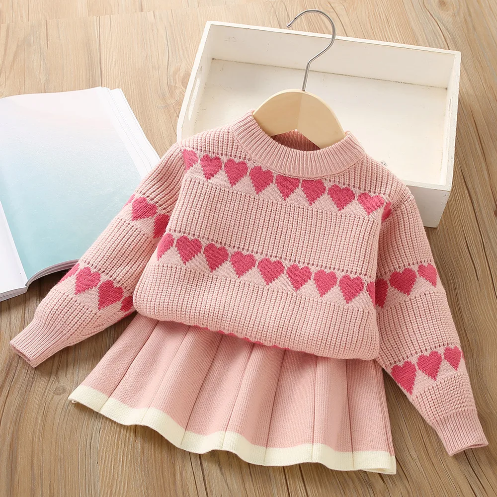 Girl's Knitted Skirt Set Autumn/Winter New Baby Heart Knitted Sweater Short Skirt Two piece Set for Starting School Season  wear