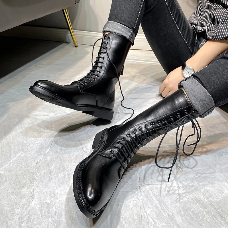 British style men\'s fashion motorcycle boots black soft leather shoes lace-up cowboy boot spring autumn handsome long botas mans