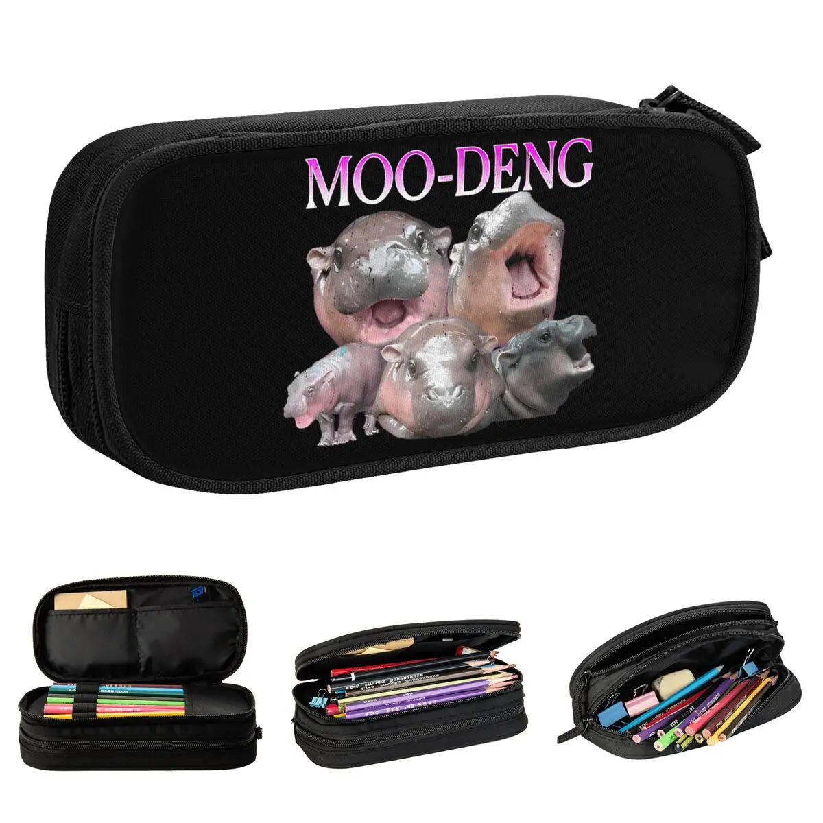 Funny Moo Deng Baby Pygmy Hippos Meme Pencil Cases Pencil Box Pen for Girl Boy Big Capacity Bag Office Gifts Stationery