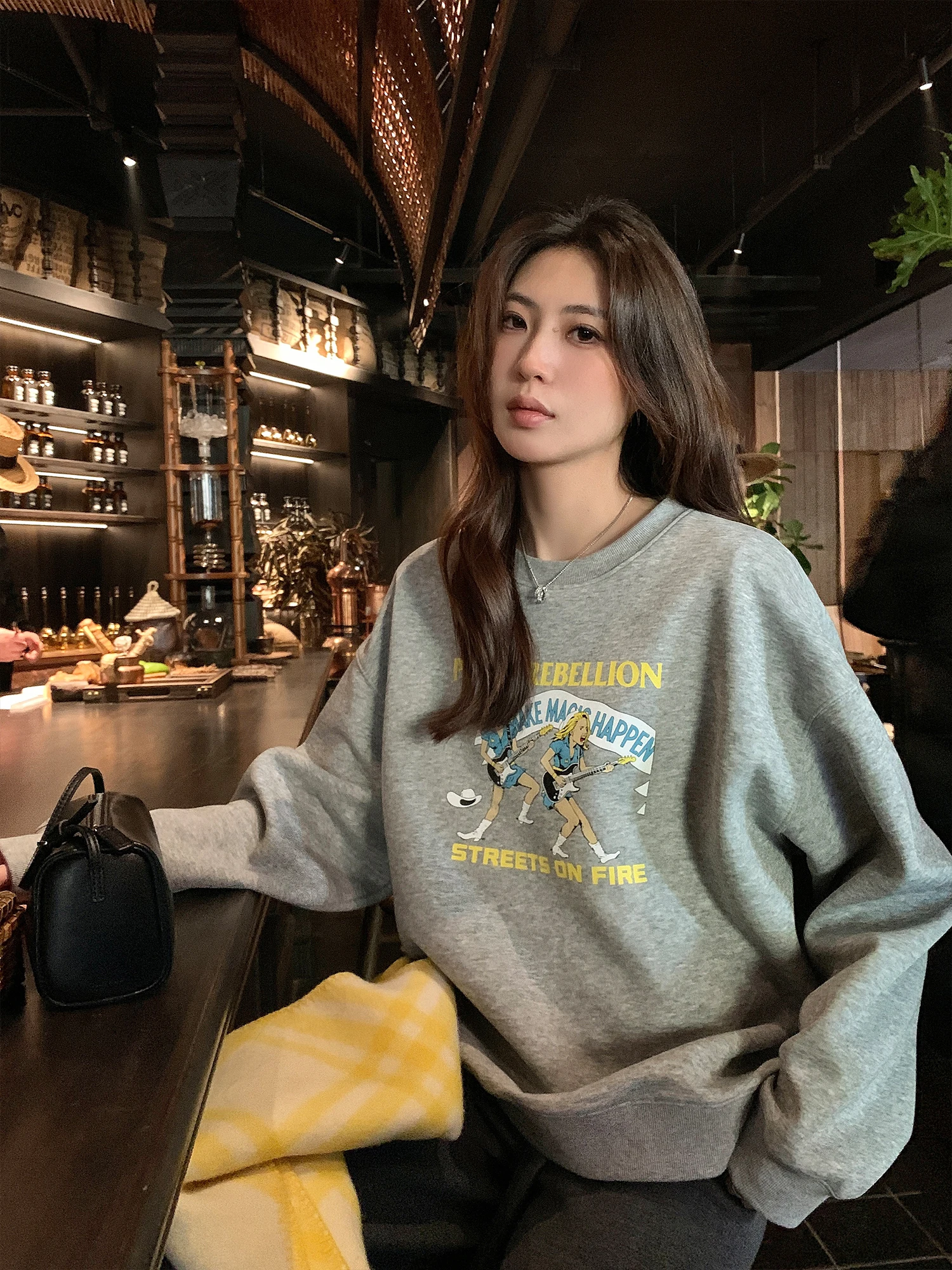 

Двусторонний хлопковый свитшот с американским ретро-принтом, женский, новинка ранней весны, повседневный топ с круглым вырезом